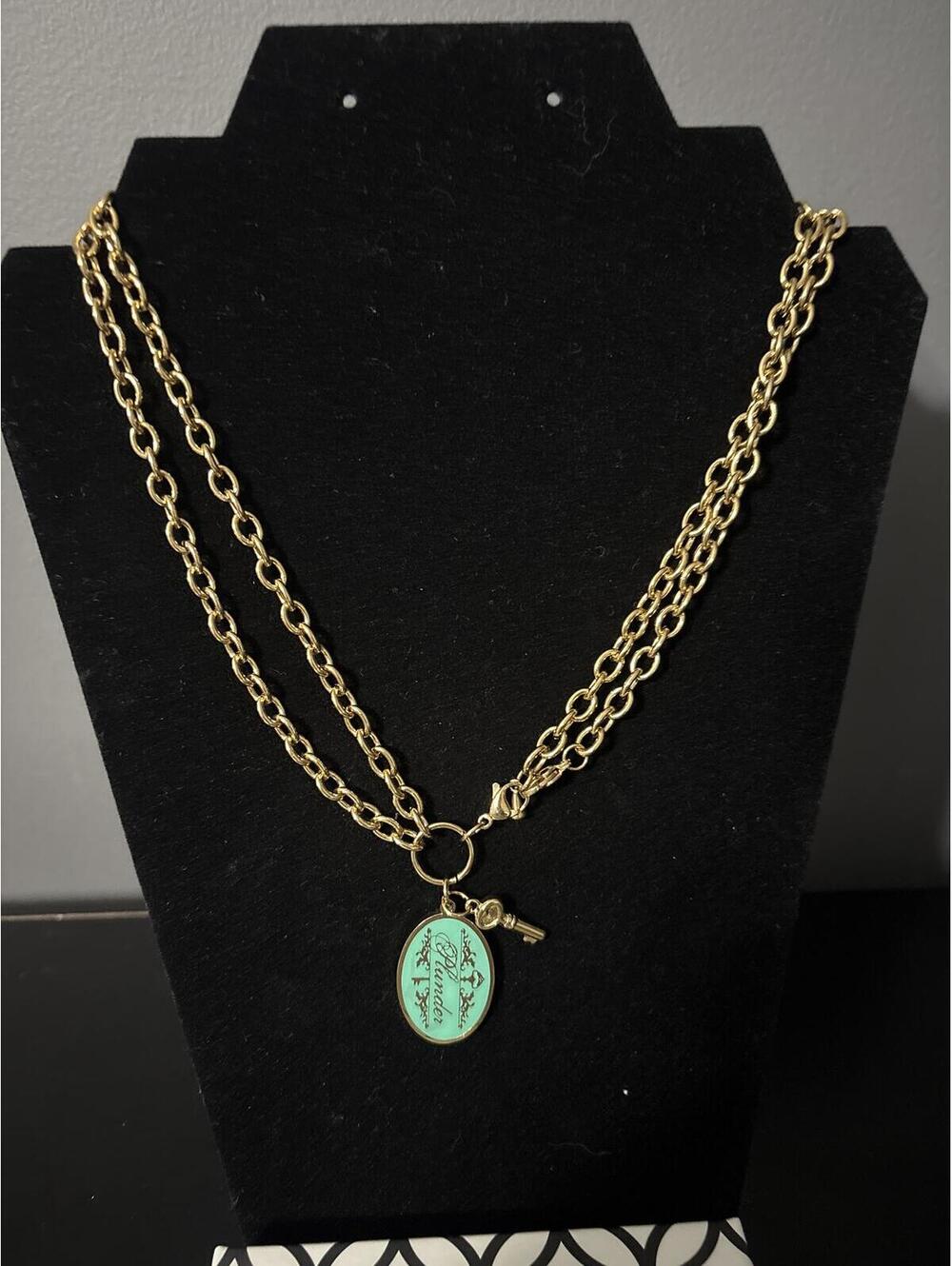 Plunder Design Gold Tone Double Strand Necklace with Mint Green Logo Charm & Key